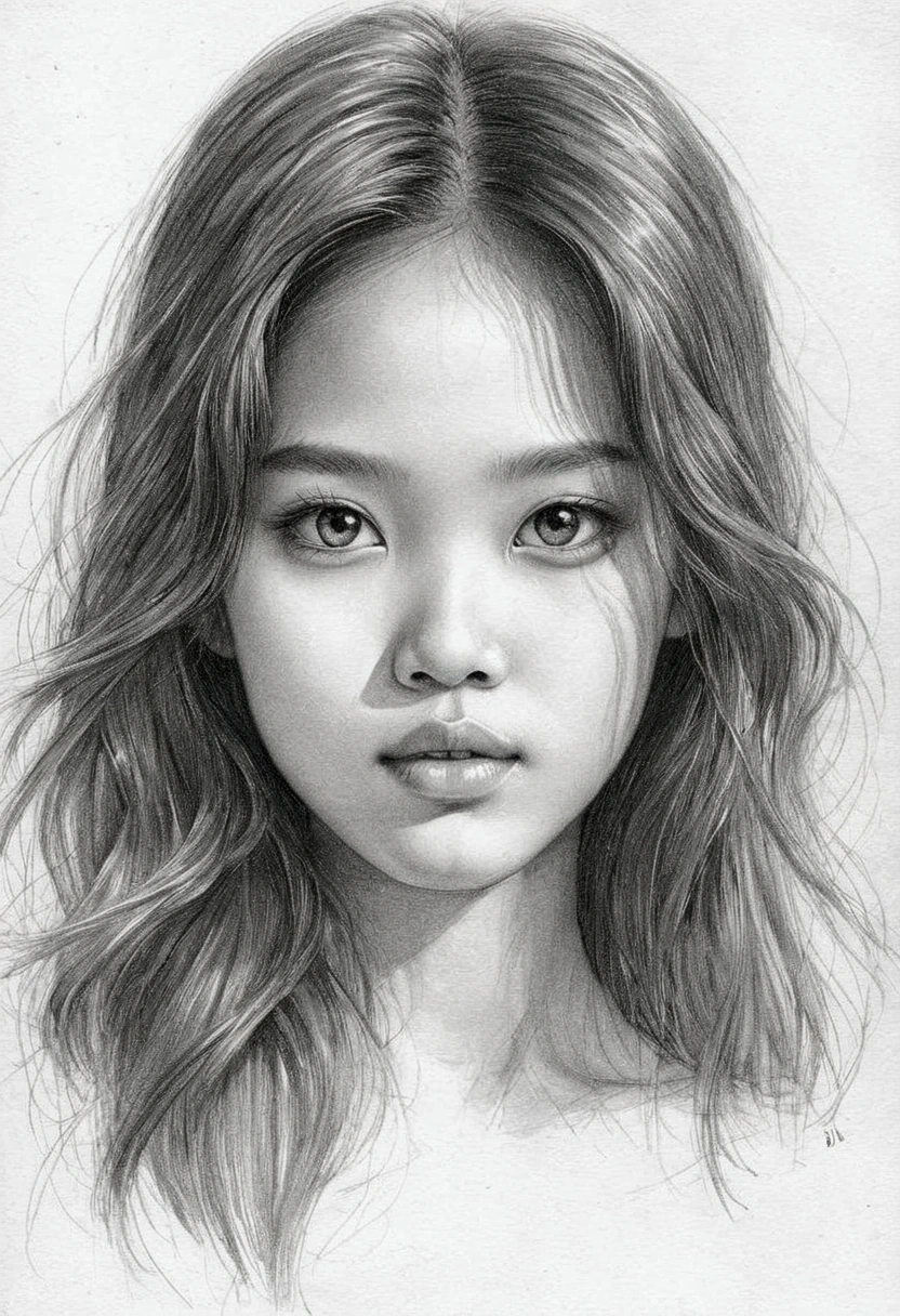 A delicate, graphite sketch shows a naked beautiful Thai girl, her features rendered in subtle shading and precise lines. The framing is tight, focusing attention on the subject's sweet face, very big eyes, high nose, thick and long eyebrow. Soft, feathery strokes convey the gentle texture of her long hair, while the delicate curve of her neck is emphasized by the pencil's softness. The overall mood is contemplative, as if the girl woman is in romance.