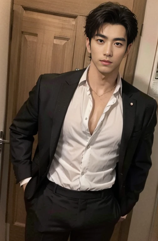 1 handsome Japanese guy，27years old，Lawyer，Formal shirt and  tie, Lawyer服, Professional Dress, Handsome and elegant, Wearing a black uniform， sexy abstinence, in blouse wearing, Masculine and handsome，musculous，Muscles look good，hairy bodies，with fair skin，黑The eye（thin eyes 1：3），Full body photo,lewd face, tight chest,  provocatively, unbutton buttons ,sexy