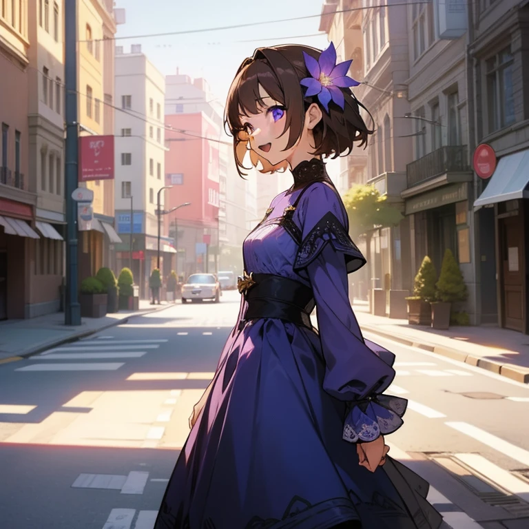 Masterpiece, best quality, high quality, 1girl、Solo, 4K, Sharp focus, highest quality, Detailed skin, (Intricate details) anime, has Short Brown hair, has Beautiful Purple eyes, Side view, wears a Blue headed flower Dress, From the side, smile, Open mouth, walking, in the City street, sunny day