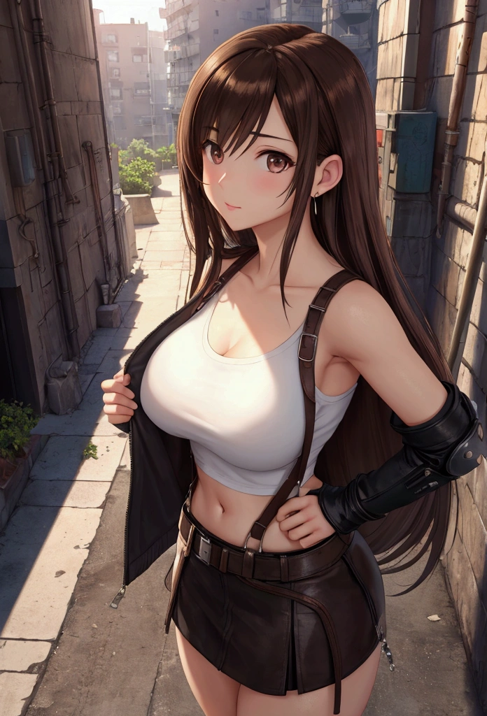 (8K,top-quality,Real Image,intricate detailes,超A high resolution,Depth Field,masuter piece,natural soft light,profetional lighting,1 girl in,(cute little:1.2),Very beautiful  cartoon girl, photorealistic anime girl render, realistic anime 3 d style,A detailed eye,((Brown-eyed)),(Brown hair),(bangss), (((FF7)))(((Tifa))),(tifa:1.2,Solo), Blake Super Detail Face, Detailed eyes, (light brown hair, Large breasts: 1.2), (suspenders、lowrise、a miniskirt、Tank Tops、Tense shirt),Cyberpunk cityscape