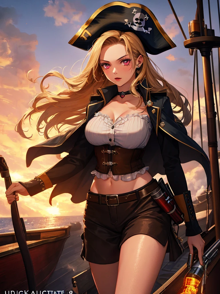 (Buckshot:1.5), (Pirate War), Ship Explosion, night, typhoon, On board, Android 18, highest quality, 1girl, uhd, retina, masterpiece, ccurate, anatomically correct, textured skin, super detail, high details, high quality, best quality, highres, 4K