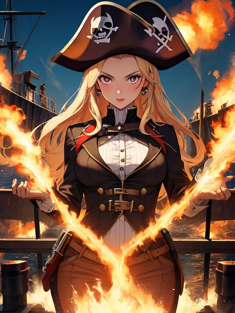 (Buckshot:1.5), (Pirate War), Ship Explosion, night, typhoon, On board, Android 18, highest quality, 1girl, uhd, retina, masterpiece, ccurate, anatomically correct, textured skin, super detail, high details, high quality, best quality, highres, 4K