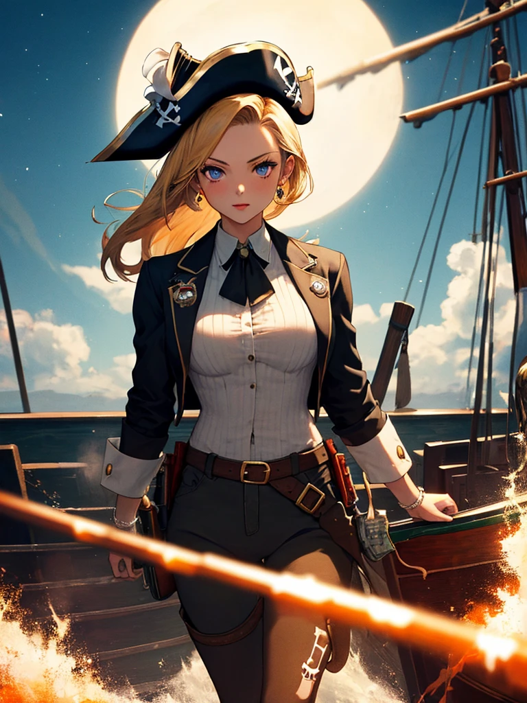 (Buckshot:1.5), (Pirate War), Ship Explosion, night, typhoon, On board, Android 18, highest quality, 1girl, uhd, retina, masterpiece, ccurate, anatomically correct, textured skin, super detail, high details, high quality, best quality, highres, 4K