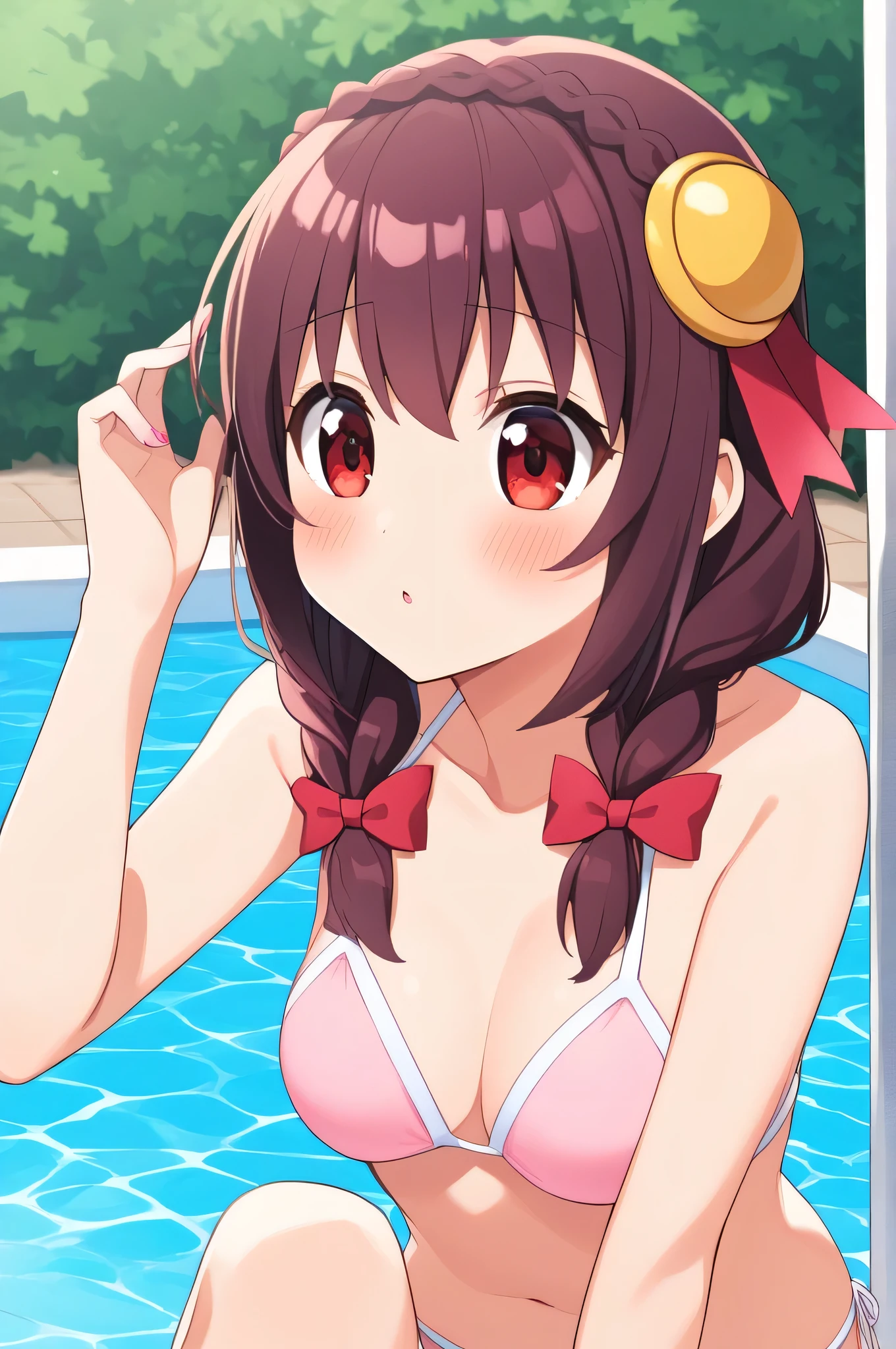 alone, One girl, Yunyun、blush , Crown braids of the same color as your hair, Red Eyes、hair ornaments, Hair Ribbon, (White and pink bikini)、Poolside、(The background is the pool slide)、look up