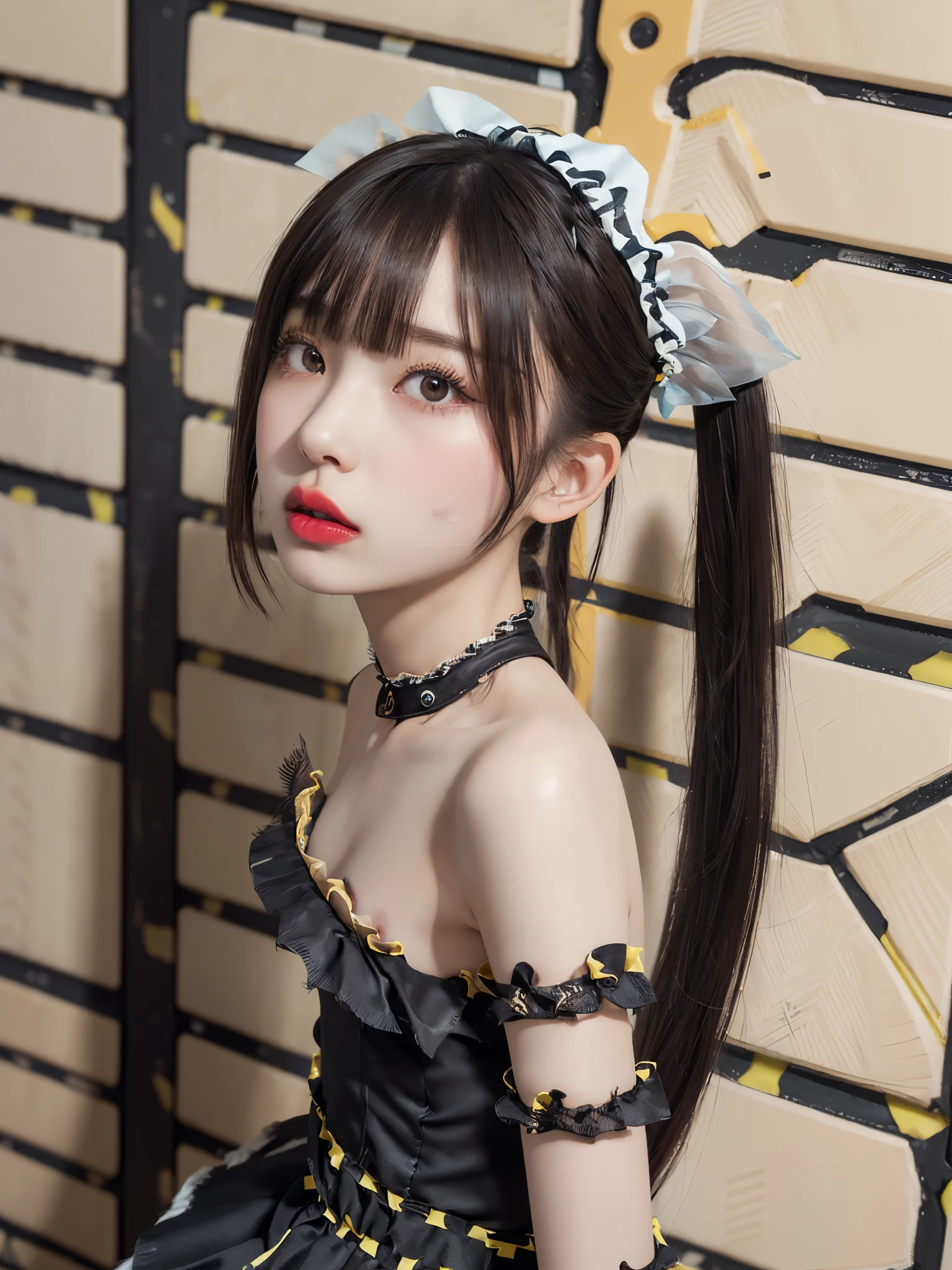 RAW Photos, 8k, (Highest quality), Realistic, (live-action, Intricate details), (Natural skin texture, Detailed skin, Hyperrealism, Sharpness), (Japanese teen girl standing in a dirty back alley at night, Graffitied wall:1.3), ((black and white maid costume, Lolita Fashion, Gothic Fashion), (((Flat Chast:1.5))), (Slender body, Pale skin:1.2), ((Pigtail Hairstyle, Blunt bangs)), (Provocative look, Lips parted:1.3, eye shadow, eyeliner, Tear bags:1.3, Red lips), at night, Spot lighting:1.3