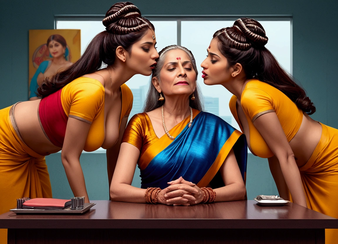 (Best Quality),(High resolution),(8k), (Masterpiece),{{{Full frame office}},{{Full Bodies}}},in indian modern light flooded room,three eldery ladies in age 60 in full nude wearing office raping their eldery 65 years old full nude indian boss with thier wild open tongues and licking her hair scalp and fingering vaginas,sagging-hanging breasts, keeping all hairs totaly wet and styled with using extreme and exteme ultimate super exessive amount of hairgel+hair oil,{hairs like gel+oil drenched super supreme pulp,Shining like mirrors},{Their bodies are smeared with lots of oil},{{{Full Nude}}},{{{Background changed to UHD luxery CEO room with High class acceseries}}},{{{Ladies poses exacly as per the image prompt ,make them full nude & their breasts sagging-hanging as much as possible as realisctic eldery features}}}},{{{{{Hairs exactly as per the image prompt making them highly ultra drenched with gallons of hair oil and shinning like mirrors}}}},{{{Ladies tongues out and keep licking hesd scalps as per the image prompt in more realistic way}}}},{{{{{{{{{{Full Nude}}}}}}}}}},{{{{{{{{Full Nude Ladies}}}}}}}}}}},{{{{{{{hyper realisctic}}}}}}}}