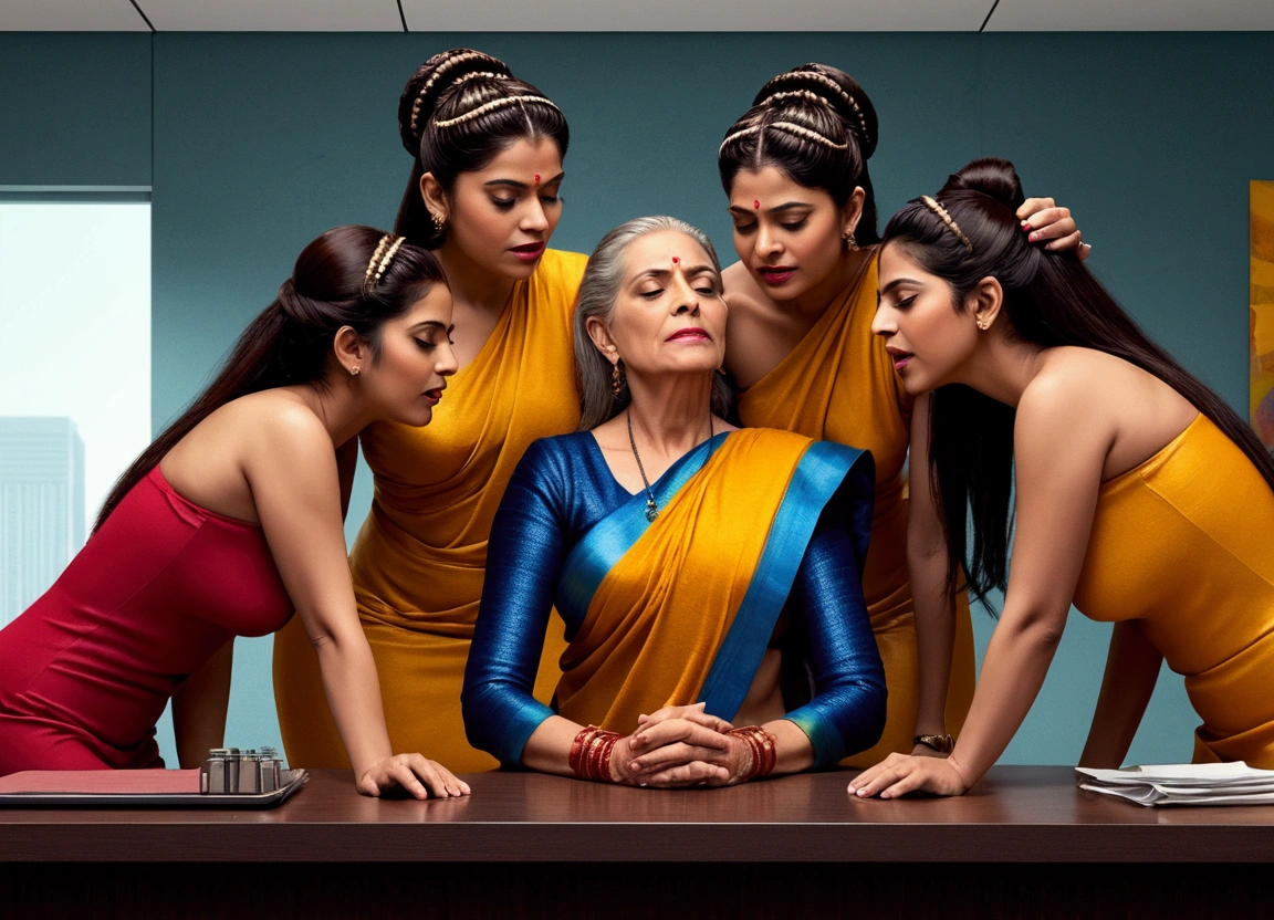 (Best Quality),(High resolution),(8k), (Masterpiece),{{{Full frame office}},{{Full Bodies}}},in indian modern light flooded room,three eldery ladies in age 60 in full nude wearing office raping their eldery 65 years old full nude indian boss with thier wild open tongues and licking her hair scalp and fingering vaginas,sagging-hanging breasts, keeping all hairs totaly wet and styled with using extreme and exteme ultimate super exessive amount of hairgel+hair oil,{hairs like gel+oil drenched super supreme pulp,Shining like mirrors},{Their bodies are smeared with lots of oil},{{{Full Nude}}},{{{Background changed to UHD luxery CEO room with High class acceseries}}},{{{Ladies poses exacly as per the image prompt ,make them full nude & their breasts sagging-hanging as much as possible as realisctic eldery features}}}},{{{{{Hairs exactly as per the image prompt making them highly ultra drenched with gallons of hair oil and shinning like mirrors}}}},{{{Ladies tongues out and keep licking hesd scalps as per the image prompt in more realistic way}}}},{{{{{{{{{{Full Nude}}}}}}}}}},{{{{{{{{Full Nude Ladies}}}}}}}}}}},{{{{{{{hyper realisctic}}}}}}}}