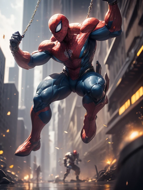 spiderman robotic suit,red,white,blue,(best quality,4k,8k,highres,masterpiece:1.2),ultra-detailed,(realistic,photorealistic,photo-realistic:1.37),HDR,UHD,studio lighting,extremely detailed suit design,vivid colors,sharp focus,physically-based rendering,advanced robotics technology,energetic and dynamic posture,cityscape background,superhero action scene,vibrant red and blue color scheme,lifelike texture and reflections,glowing eyes and web patterns,attention to small details,metallic finish,high-tech accessories and gadgets,heroic and confident facial expression,expressive body language,powerful and agile,urban environment,iconic spider logo,impressive light and shadow effects,action-packed battle scene,fluid and dynamic movement,impressive web-swinging skills,attention-grabbing composition,intricate suit mechanics,futuristic and stylish design,impressive acrobatic stunts,attention to anatomy and musculature,emerging from a powerful web,heroic stance,awe-inspiring superhero,enhanced strength and agility,vibrant and captivating artwork.