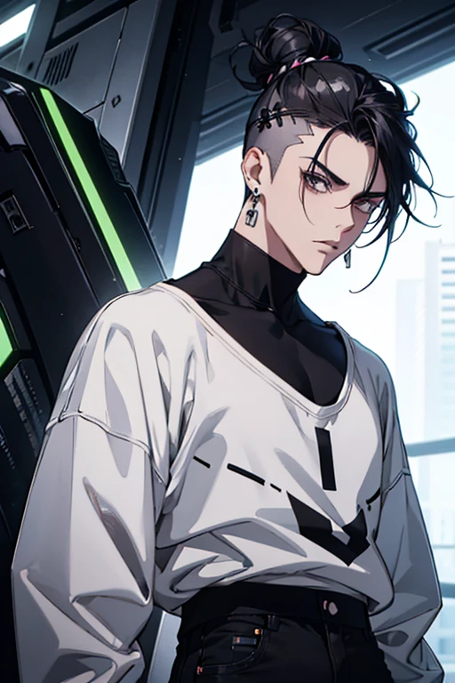 Anime man gradient young white hair low on shaved sides turns hair bun to the left side in the middle serious face with black earrings black sweatshirt Speed jeans futuristic clothes black dark circles under his eyes big black hair big brown hair extremely futuristic clothes futuristic clothes futuristic sweatshirt black skinny jeans male