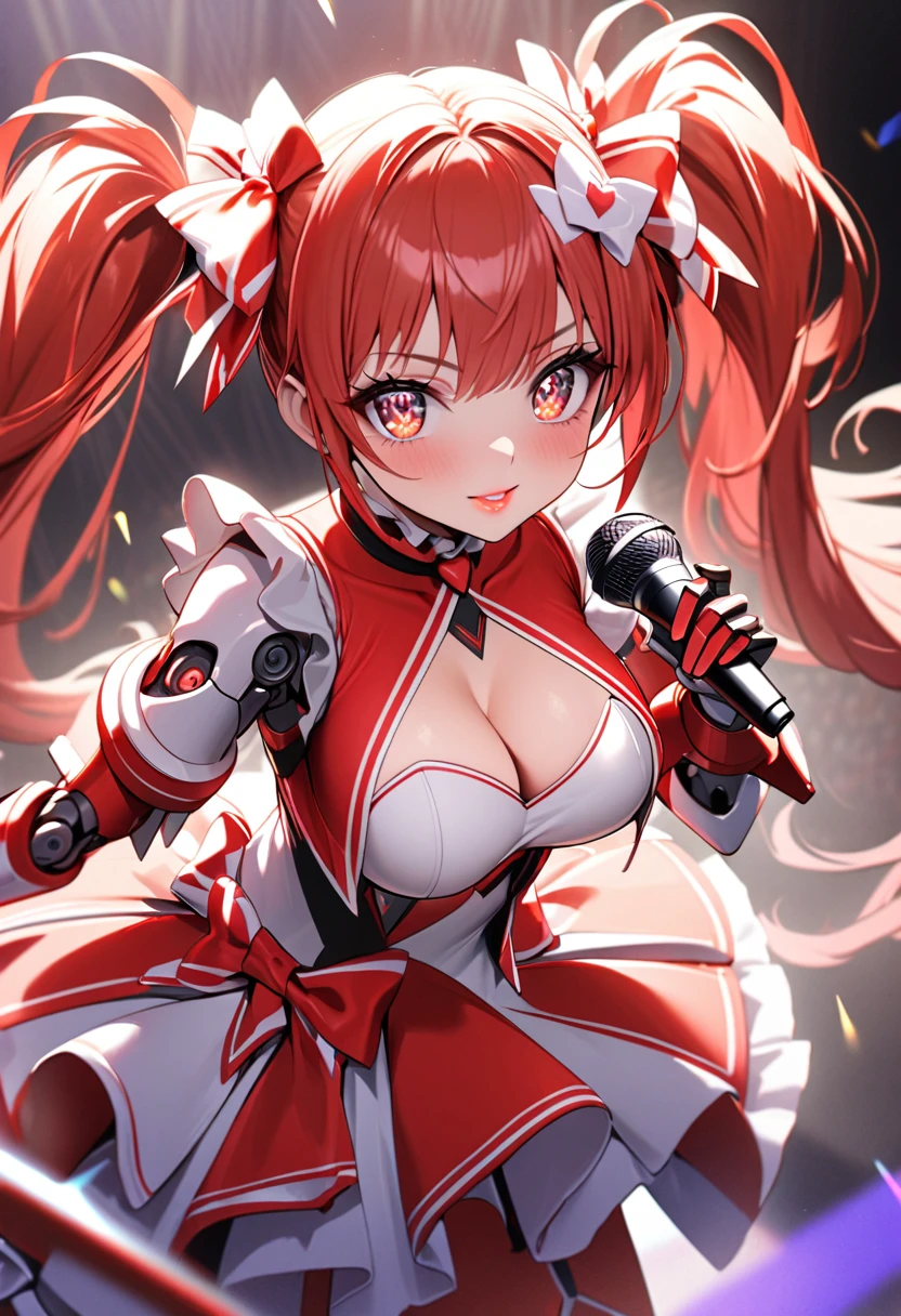 A cute girl with red twin tails wearing a red and white robot-like barrette, beautiful detailed eyes, beautiful detailed lips, extremely detailed face, long eyelashes, a red and white mechanical idol costume with frills, slightly larger machine-made breasts creating cleavage, exposed mechanical limbs, dynamic poses with a microphone in one hand, exciting the arena, a futuristic live stage background with monitors and cheering audience, realistic mecha representation, high quality, (masterpiece, best quality, 4k, 8k:1.5), ultra-detailed, ultra-fine painting, dramatic lighting, physically-based rendering, vivid colors, professional photography