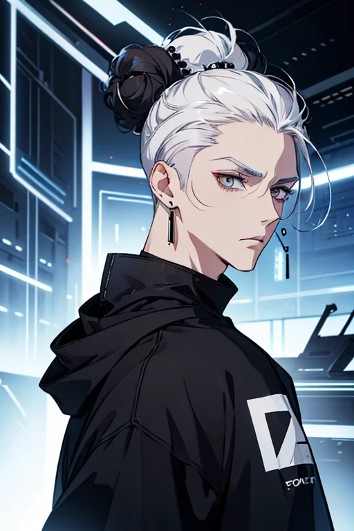 Anime man gradient young white hair low on shaved sides turns hair bun to the left side in the middle serious face with black earrings black sweatshirt Speed jeans futuristic clothes black dark circles under his eyes big black hair big brown hair extremely futuristic clothes futuristic clothes futuristic sweatshirt black skinny jeans male