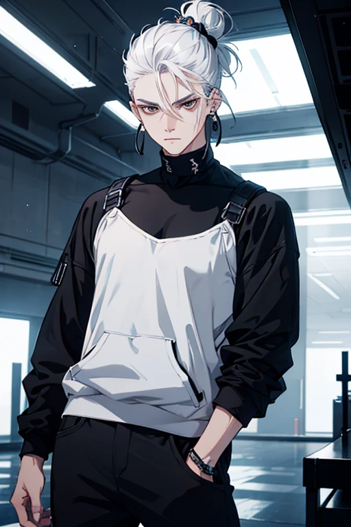 Anime man gradient young white hair low on shaved sides turns hair bun to the left side in the middle serious face with black earrings black sweatshirt Speed jeans futuristic clothes black dark circles under his eyes big black hair big brown hair extremely futuristic clothes futuristic clothes futuristic sweatshirt black skinny jeans male