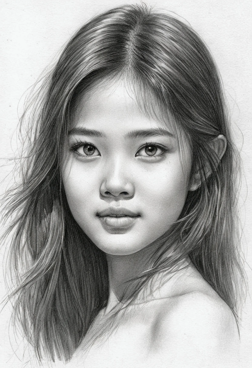 A delicate, graphite sketch shows a naked beautiful Thai girl, her features rendered in subtle shading and precise lines. The framing is tight, focusing attention on the subject's sweet face, very big eyes, high nose, thick and long eyebrow, little smile. Soft, feathery strokes convey the gentle texture of her long hair, while the delicate curve of her neck is emphasized by the pencil's softness. The overall mood is romance.