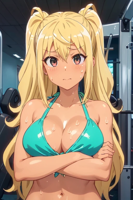 (((Upper Body、Cross your arms))、(((Accentuate your breasts、Shiny swimwear、)))、Highest quality, 8k, masterpiece :1.3)), whole body, Sharp focus :One Girl,Glowing Skin,SSexy pose,Highest quality,Tabletop,shape,Very delicate and beautiful,Hmph,8k壁紙,wonderful,In detail,Official Art,Very detailedなティッカーUnity 8k壁紙,Incredibly ridiculous,Large file size,Very detailedな,High resolution,Very detailed,Beautiful detailed girl,Realistic,X-ray,The queue is full,(((Sexy Micro Bikini)))、(((Big Breasts、Golden Hair、Brown Skin、Sweat)))、(((sports gym、Training Gym)))、Stand upright、Cleavage , ((長いGolden Hair、Sweat))、Sexy Micro Bikini、Sexy pose、Her hairstyle is twin tails.、both hands、Small swimsuit