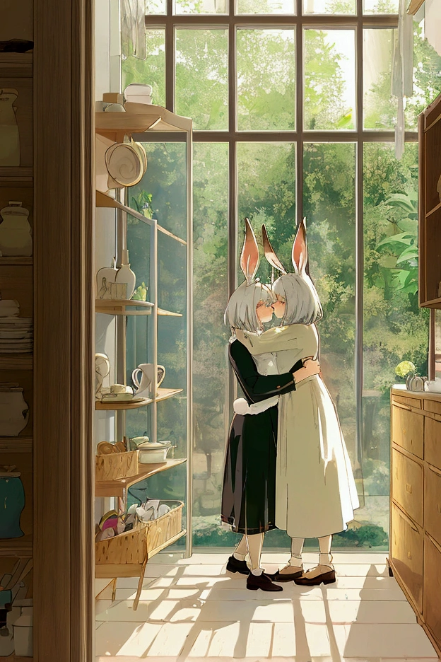 kemono, rabbit ears, a mother hugging her daughter, rabit women, cute look, dress, white hair, domestic environment
