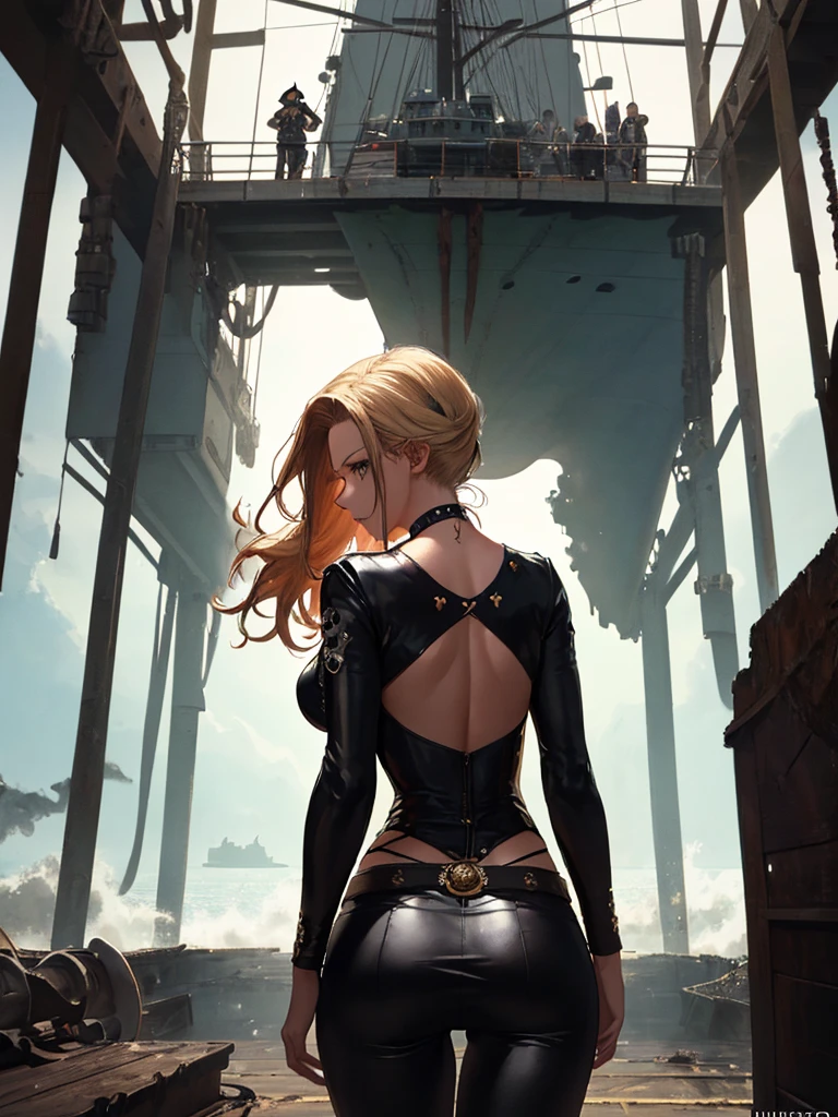 (Looking back from the back:1.5), (Pirate War), Ship Explosion, night, typhoon, On board, Android 18, highest quality, 1girl, uhd, retina, masterpiece, ccurate, anatomically correct, textured skin, super detail, high details, high quality, best quality, highres, 4K