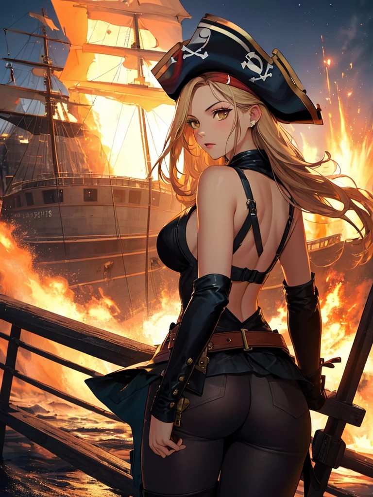 (Looking back from the back:1.5), (Pirate War), Ship Explosion, night, typhoon, On board, Android 18, highest quality, 1girl, uhd, retina, masterpiece, ccurate, anatomically correct, textured skin, super detail, high details, high quality, best quality, highres, 4K