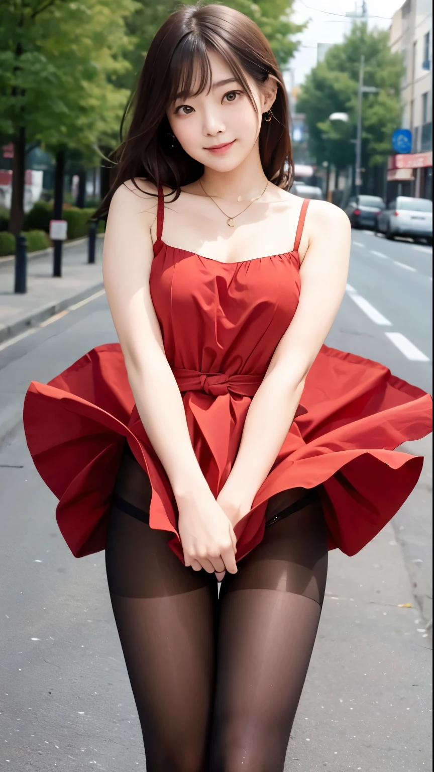 ulzzang-6500-v1.1, (Genuine:1.4), (masterpiece), (Highest quality, 8k, 32K, masterpiece:1.2),Beautiful Japanese Women Photos,(Sad Smile,blush:1.1),Looking at the audience,(Beautifully detailed dress skirt:1.2),Leg Details,(Spread your legs:0.9),(Lace panties:0.9),(Ultra-realistic pantyhose:1.2),(Wind lift:1.6), whole body,the wind is strong,city,Outdoor