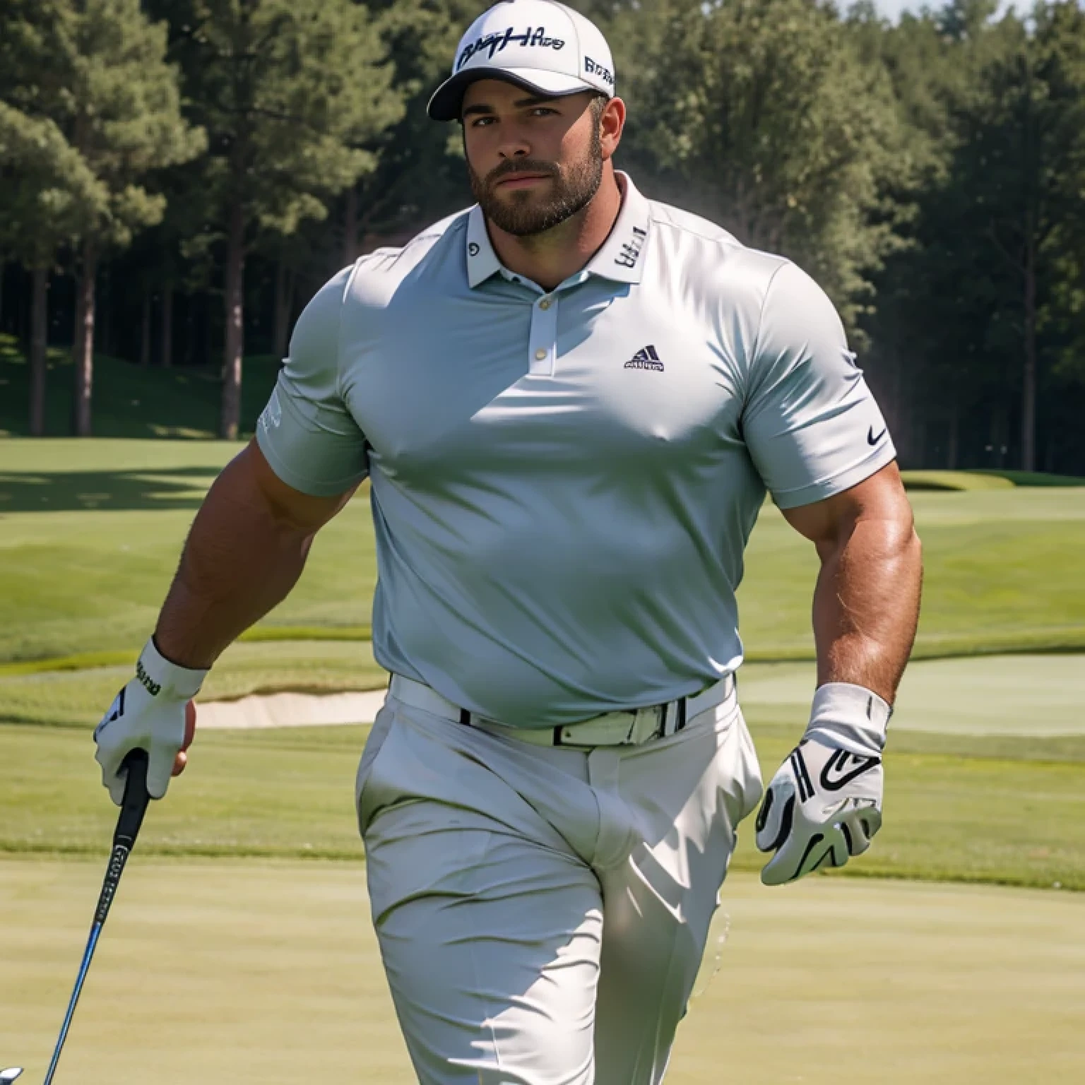 1 male, muscular, bulky, facial hair, hairly (best quality, masterpiece, highest detailed), full body photo, ultrahigh resolution textures, (intricate details, hyperdetailed:1.15), detailed, light passing through hair, (official art, extreme detailed, highest detailed),crew cut hair, stocky, (wild plump uncle,round face),(perfect body proportions : 1.2), (A professional golfer walking on the golf field : 1.3) , Beautiful delicate eyes with details, dark brown eyes, wearing white thin gloves, thick thighs,