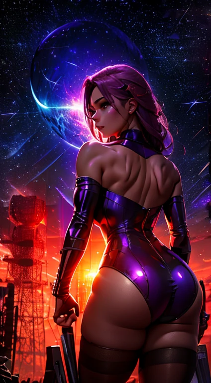 Best Quality, 1girl ,20years, waist portrait,sexy beauty, Perfect body figure, Purple hair, sexy clothes, Latex  Stockings, latecles, stands with his back, looking over your shoulder at the first person, on the comic scene(pylon) , night, starry sky dark and light 