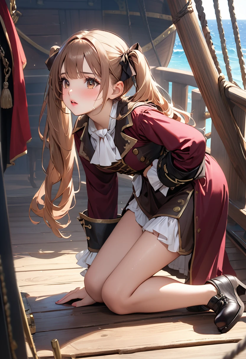 Highest quality, masterpiece, Ultra-high resolution, Realistic:1.2, RAW Photos, Intricate details, Portraiture,　Big beautiful brown eyes:1.2, Perfect contours, Perfect proportions:1.2, ((female pirate:1.2)), break　((full body:1.2, ((from side:1.2)), (front shot:1.2), looking away:1.2)), ((petite, short, tiny girl:1.2)), Light Brown Hair、((long hair, twintails:1.2)), (makeup:1.2, full lips:1.3, pink lips:1.3, shiny lips:1.3, parted lips:1.2), ((Pirate costumes:1.2, Pirate Shoes)), break　((Hold your mouth、Place your hands on the floor、Kneeling on the floor、Leaning forward:1.2))、(Crying face:1.2), (The background is the deck of a pirate ship:1.2、There are a few pirates wandering around、Many pirate ships), (empty-handed)