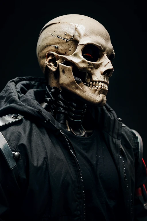 cyber skeleton, skull, cyberpunk style, cyberpunk imperial military hack and that he is a man who does not look human 100% strong skeleton (Profile picture) with red eyes with a black background, and the background of the black character the same