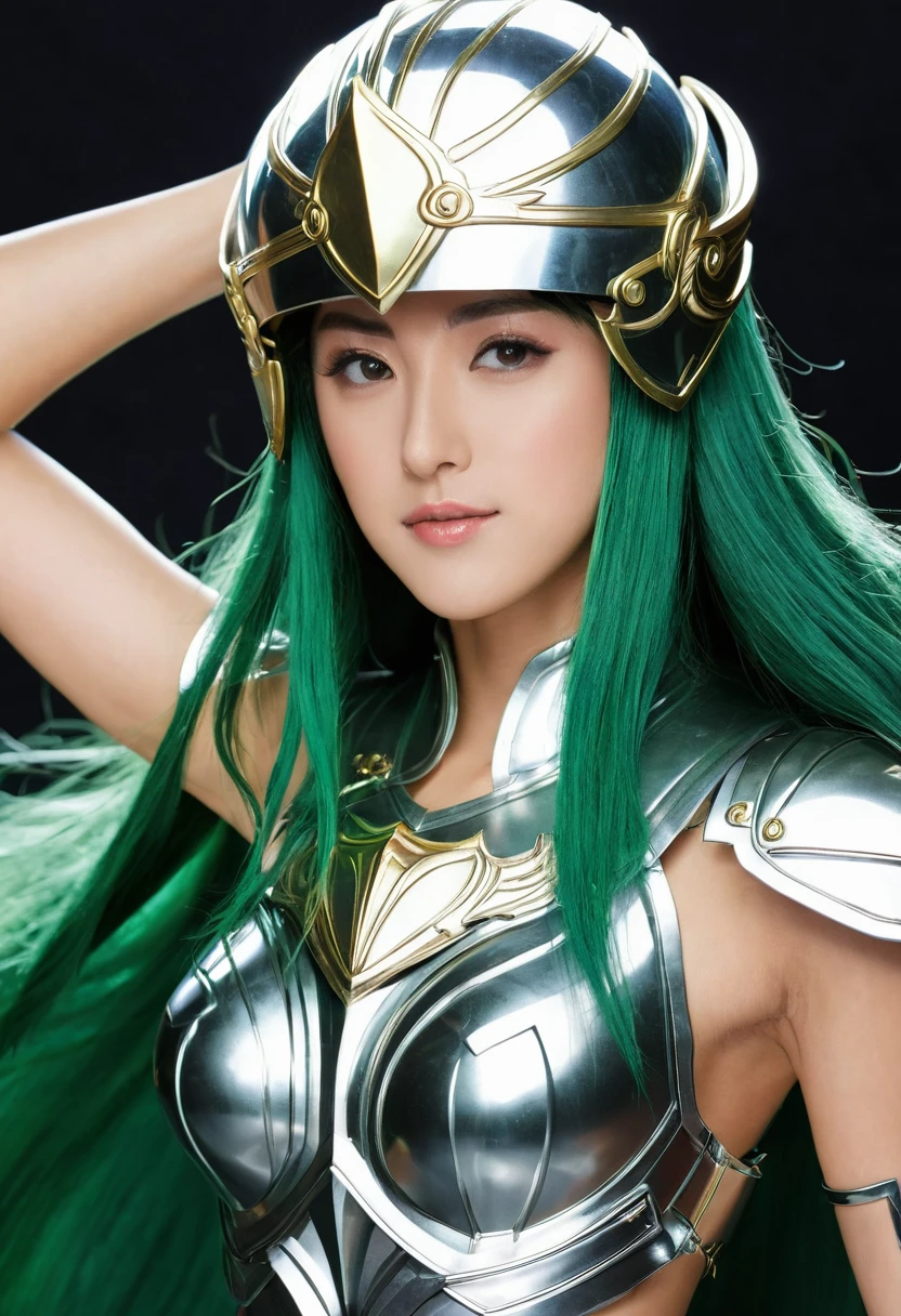 Leo Saint,Wearing a helmet on the head,Refer to the armor design of Leo in the anime Saint Seiya,Bare belly,The image of a beautiful woman with flowing dark green hair。