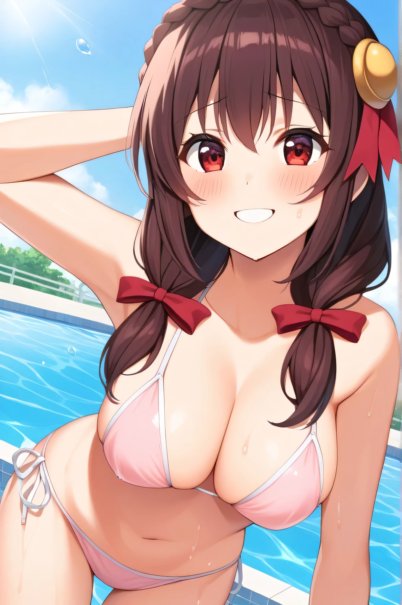 alone, One girl, Yunyun、blush , Crown braids of the same color as your hair, Red Eyes、hair ornaments, Hair Ribbon, (White and pink bikini)、Poolside、Standing、So wet、(A big, wide smile:1.5)、View from below、(Look Back)