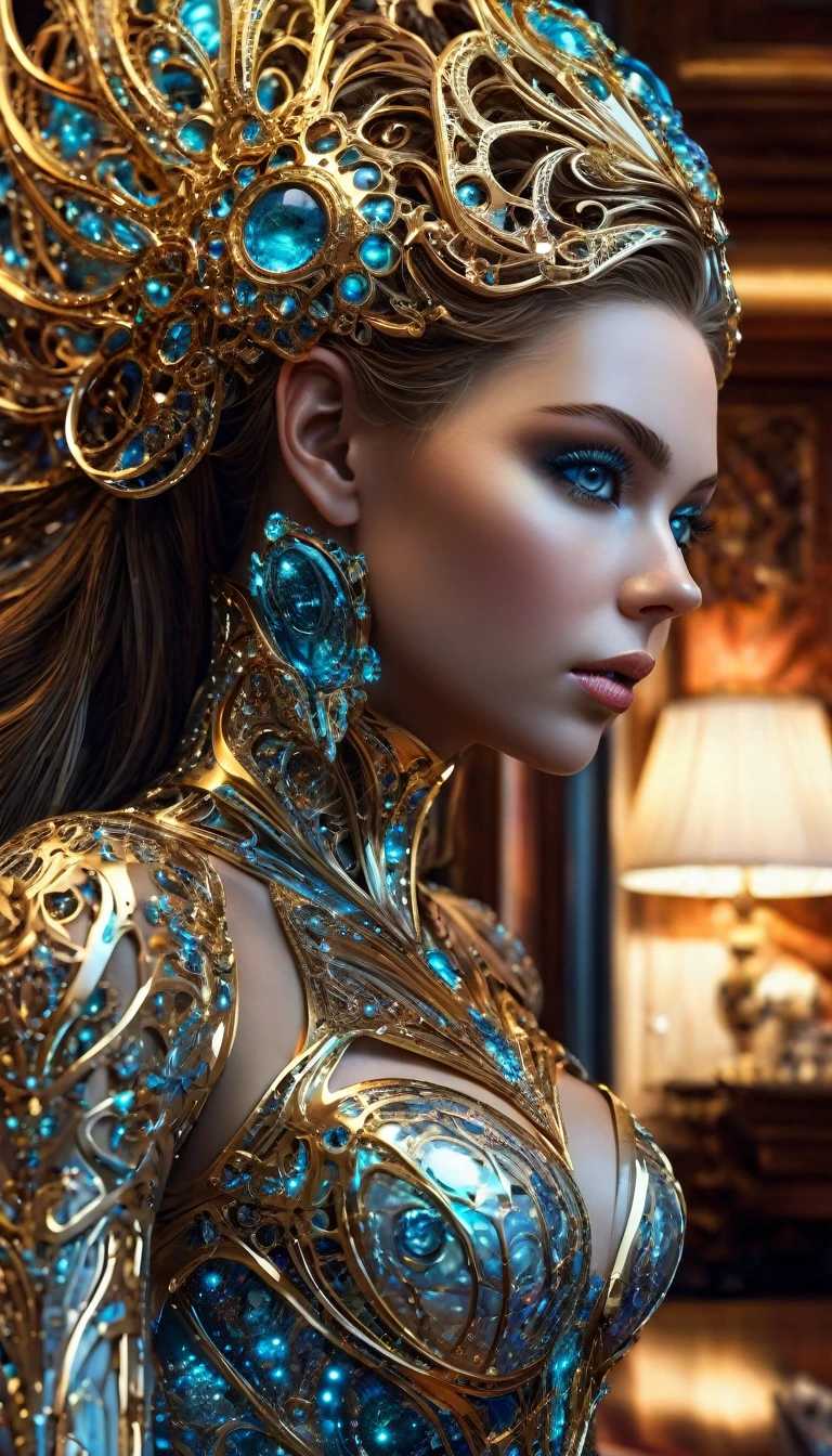 année 2100, La femme du futur alangui sur un sofa complexe, plan large, hyper technologie, AI futuriste, corps entier, souriante et radieuse, bustier étroit incrusté de fines dentelles techniques complexe fractal, bustier effet push-up, complexe, élégante et sensuelle, yeux sublime et intenses, yeux très détaillés, très détaillé, moderne, scifi, digital photography, (cheveux très long), verre brisé, (chef-d'oeuvre artistique, Éclairage latéral, HDR, Réaliste, HD), sublime grosse poitrine push-up,