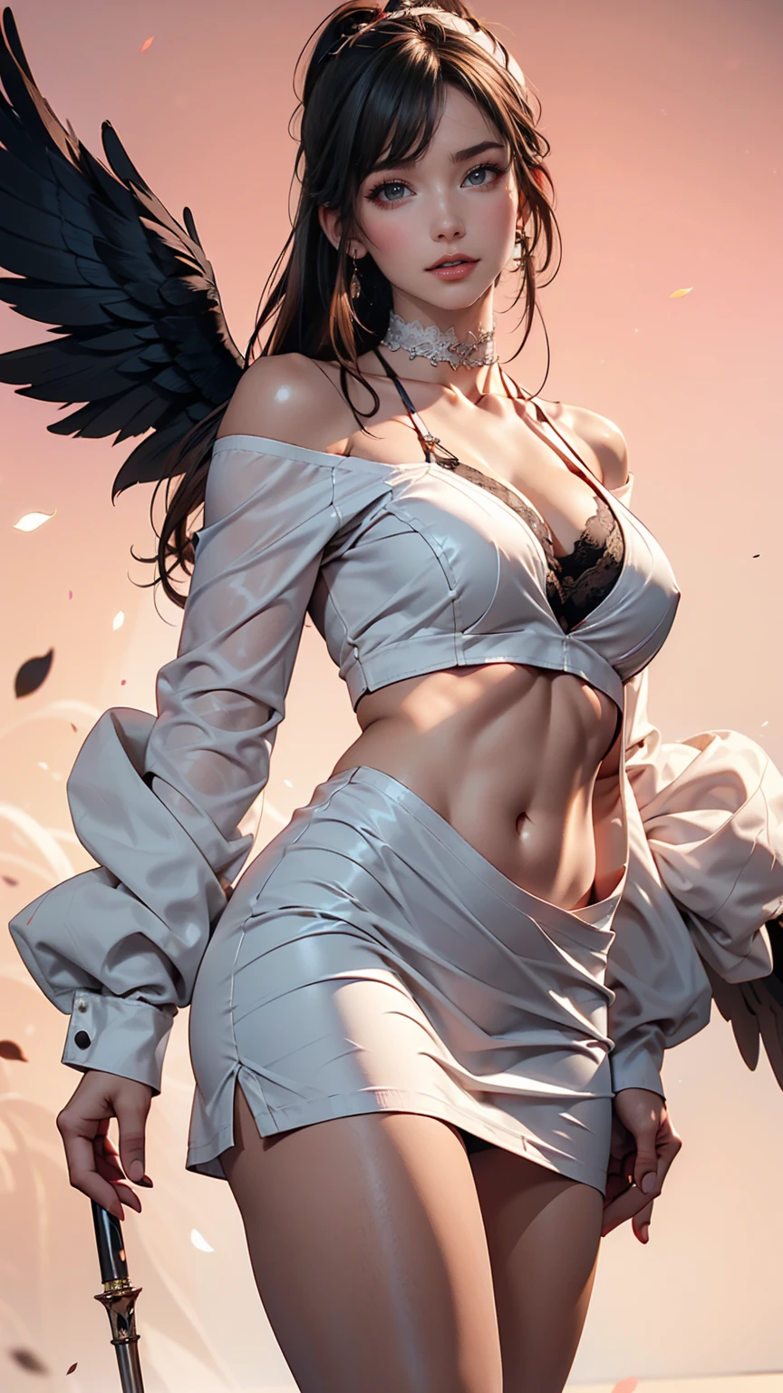 Cowboy Shot, (Black wings:1.2), Very long hair, Side Ponytail, choker, Holding, Off the shoulder, (White micro mini dress:1.3), White midriff jacket,Hello,24-year-old female、Saggy breasts、Sexy proportions、mature female body、Alluring、erotic、Micro Mini Flared Skirt、Stiletto heels、Pink Background