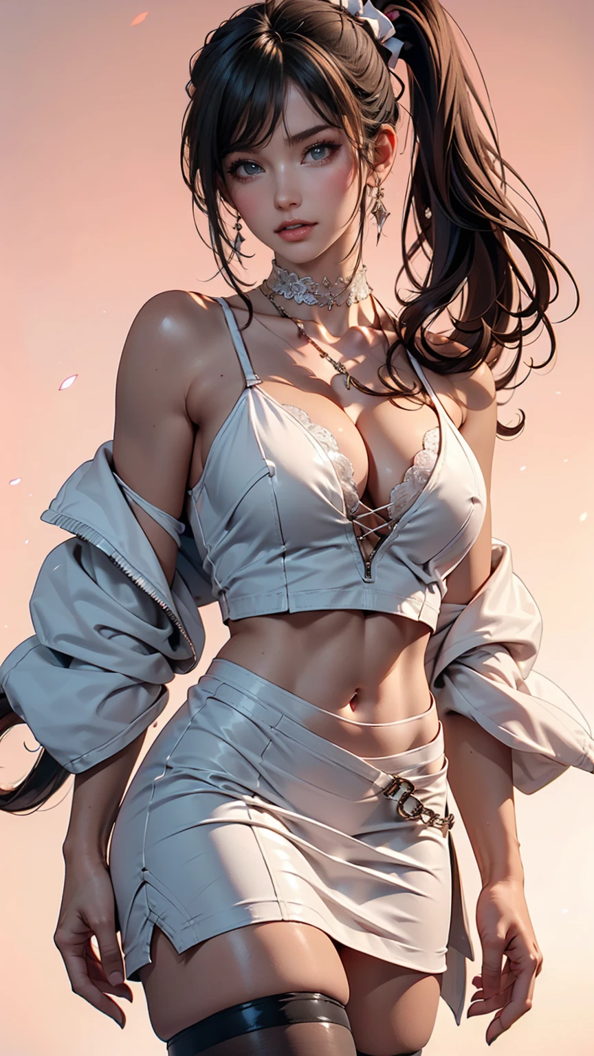 Cowboy Shot, (Black wings:1.2), Very long hair, Side Ponytail, choker, Holding, Off the shoulder, (White micro mini dress:1.3), White midriff jacket,Hello,24-year-old female、Saggy breasts、Sexy proportions、mature female body、Alluring、erotic、Micro Mini Flared Skirt、Stiletto heels、Pink Background