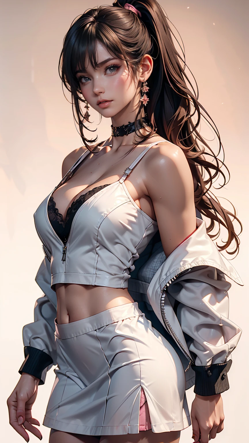 Cowboy Shot, (Black wings:1.2), Very long hair, Side Ponytail, choker, Holding, Off the shoulder, (White micro mini dress:1.3), White midriff jacket,Hello,24-year-old female、Saggy breasts、Sexy proportions、mature female body、Alluring、erotic、Micro Mini Flared Skirt、Stiletto heels、Pink Background