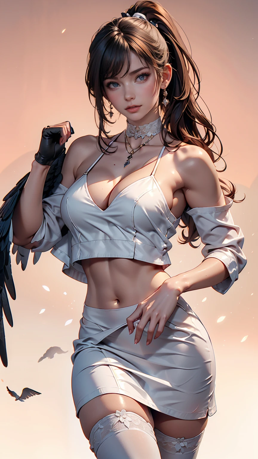 Cowboy Shot, (Black wings:1.2), Very long hair, Side Ponytail, choker, Holding, Off the shoulder, (White micro mini dress:1.3), White midriff jacket,Hello,24-year-old female、Saggy breasts、Sexy proportions、mature female body、Alluring、erotic、Micro Mini Flared Skirt、Stiletto heels、Pink Background