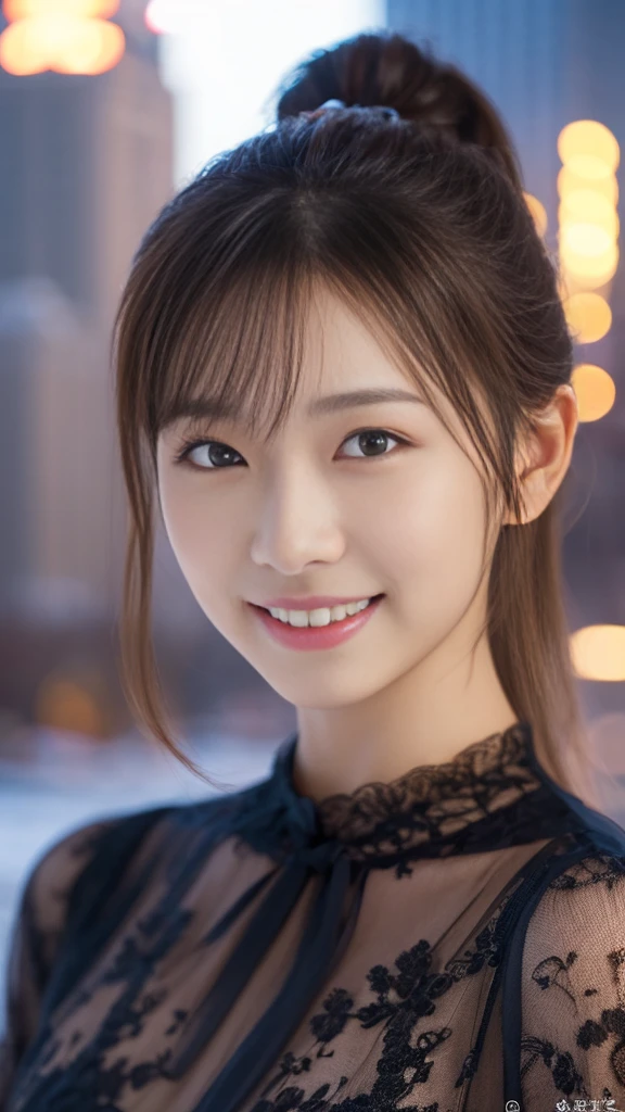 1 girl, (Wearing a black blouse:1.2), beautiful japanese actress, (ponytail:1.3),
(RAW photo, highest quality), (realistic, Photoreal:1.4), masterpiece, 
very delicate and beautiful, very detailed, 2k wallpaper, wonderful, 
finely, Very detailed CG Unity 8k 壁紙, Super detailed, High resolution, 
soft light, beautiful detailed girl, very detailed目と顔, beautifully detailed nose, beautiful and detailed eyes, cinematic lighting, 
BREAK
(Against the backdrop of a snowy night cityscape 1.3), city lights, 
perfect anatomy, slender body, smile, Face the front completely, look at the camera