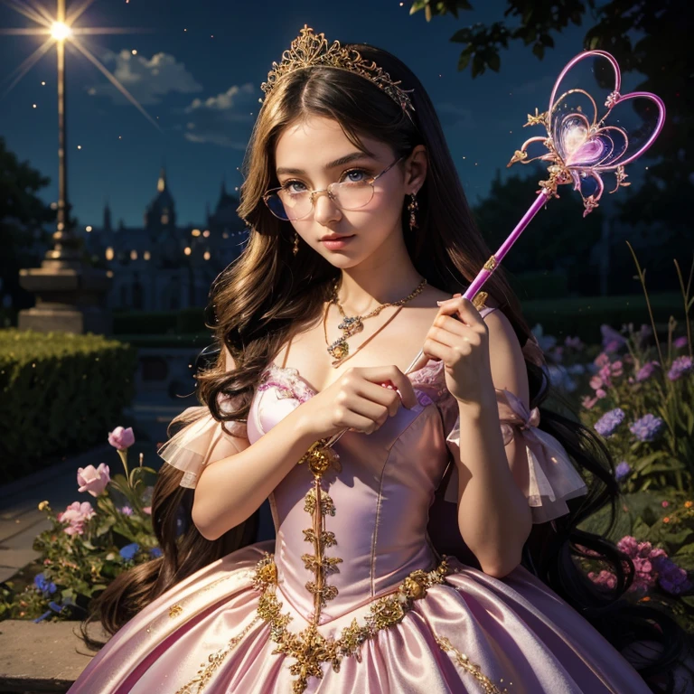 (masterpiece, best quality:1.5), highest quality, High resolution, super detailed, Realists, Upper body photo of a brunette 14-year-old magical girl, detailed and beautiful eyes, beautiful detailed lips, very detailed eyes and face, longeyelashes, shiny satin dress, Holding a magic wand in your hand, Cast a transformation spell, Spiders turn into glasses, Magic wands present and shiny, Beautiful and colorful makeup, elegant and noble々The jewelry bag, Gardens as background, soft daylight, bright colors, fine brushstrokes, Portrait style, Silk dress fabric, beautiful color palette, glowing skin, First-class rendering, that captures every detail, enchanting atmosphere, subtle shadows and lights, (perfect anatomy:1.2), (The two stunning 14 and 12 year old magical girls turn spiders into glasses. (a transformation with the magic wand:1.4), (magnificent panorama view:1.2)