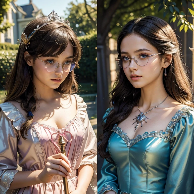 (masterpiece, best quality:1.5), highest quality, High resolution, super detailed, Realists, Upper body photo of a brunette 14-year-old magical girl, detailed and beautiful eyes, beautiful detailed lips, very detailed eyes and face, longeyelashes, shiny satin dress, Holding a magic wand in your hand, Cast a transformation spell, Spiders turn into glasses, Magic wands present and shiny, Beautiful and colorful makeup, elegant and noble々The jewelry bag, Gardens as background, soft daylight, bright colors, fine brushstrokes, Portrait style, Silk dress fabric, beautiful color palette, glowing skin, First-class rendering, that captures every detail, enchanting atmosphere, subtle shadows and lights, (perfect anatomy:1.2), (The two stunning 14 and 12 year old magical girls turn spiders into glasses. (a transformation with the magic wand:1.4), (magnificent panorama view:1.2)