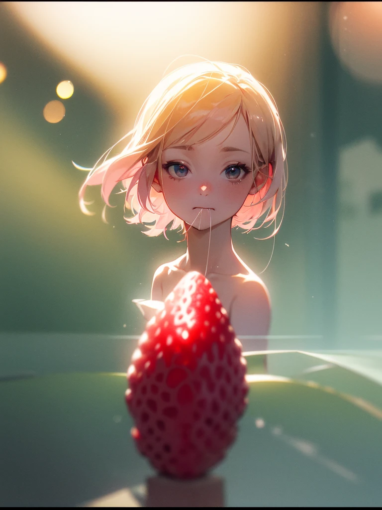 (Sumilux f1.4 50mm , low Latitude old color negative film , cross process , bokeh, flare, chromatic aberration , soft focus, (Shallow focus) , soft glow , Maximum aperture, low Key , Transparent depiction) , coquettish girl , bare 2 Hard and small strawberry , strawberry to mouth