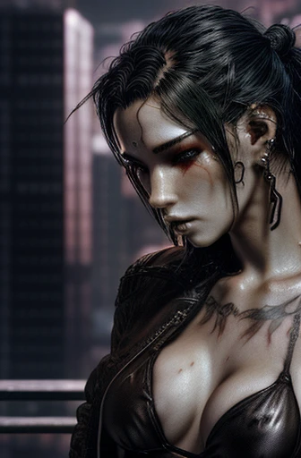 a close-up of a woman in a black bikini and a tattoo, cyberpunk art by Raymond Han, trends on ArtStation, Fantasyart, seductive cyberpunk dark fantasy, angry beautiful cyberpunk goddess, beautiful cyberpunk girl, beautiful cyberpunk woman model, cyberpunk 2 0 years. oh model girl, cyborg - girl with silver hair, female cyberpunk anime girl, ross tran 8k