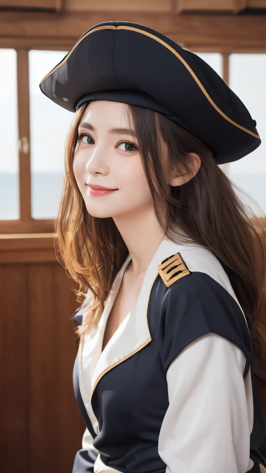 Best image quality (8k, High resolution, masterpiece: 1.2), Very detailed, Random Hairstyles, 26-year-old woman,
Extraordinary beautiful girl、Cute and beautiful face details、(Dealing with the Children_v1:0.008)、
score_9, score_8_upper, score_7_upper,
situation: The scene where the pirate captain decides to set out on a new voyage。
clothing: The captain wears a gorgeous coat and tricorn hat、The rest of the crew dressed in simple pirate uniforms for their adventures.。
Pause: The captain stands at the bow of the ship、Gazing at the distant sea。
Camera angle: From a low angle、A composition capturing the captain's back and the expansive sea。
,Active stop temporarily ,
On her side、The thunder danced。
Focus on the upper waist
, Random cute poses ,Big eyes ,Puffy eyes , Heart pupil, blush , Big shy smile , salute