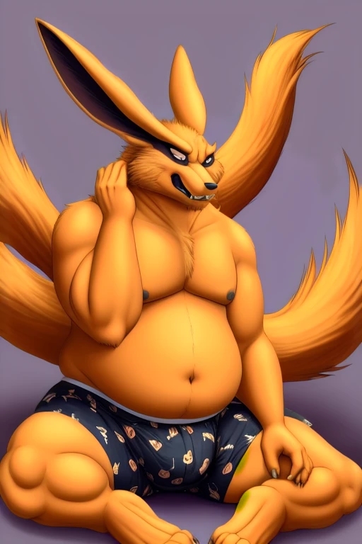 kurama, background, roar, Nine tails, A nine-tailed fox fat and big, big fox fat. 9 tails are corp and gos he has a lot of fat  no muscle he's not muscular he doesn't have muscles, he's fat obese fatty are body and full of fat, handjob in heart pattern boxers shirtless and cums everywhere sitting on the floor big ass cute
he wears a underwear   anatomie  obese 