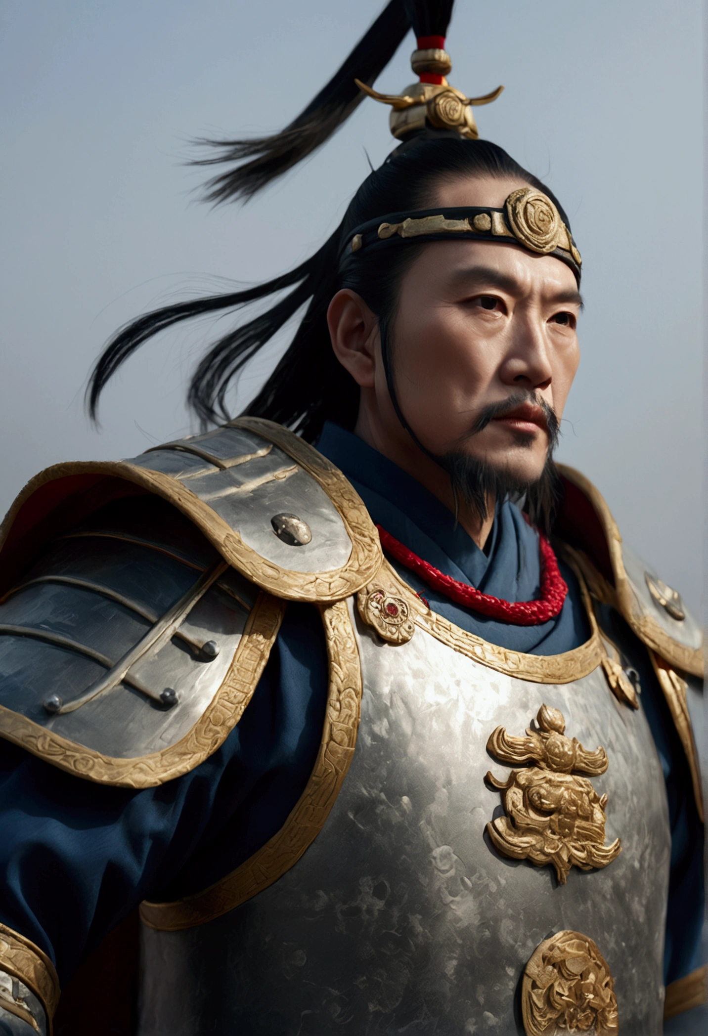 Bust of an ancient Chinese general on the battlefield,The armor is broken, Starry sky and fog cover the landscape.Rich historical background. (Highest quality,4K,8k,High resolution,masterpiece:1.2), Very detailed, (Realistic,Realistic,Photorealistic:1.37), High resolution, Hyper HD, Studio Lighting, Ultra-fine painting, Sharp focus, Physically Based Rendering, Very detailed説明, Professional, Vibrant colors, Bokeh, Sports Late, Ancient War Landscapes, Traditional Chinese Painting Techniques, Atmospheric lighting, Dynamic Pose, Complex combat scenarios, Vivid color contrast, Visually stunning composition, Ethereal atmosphere, heroism. Black and White