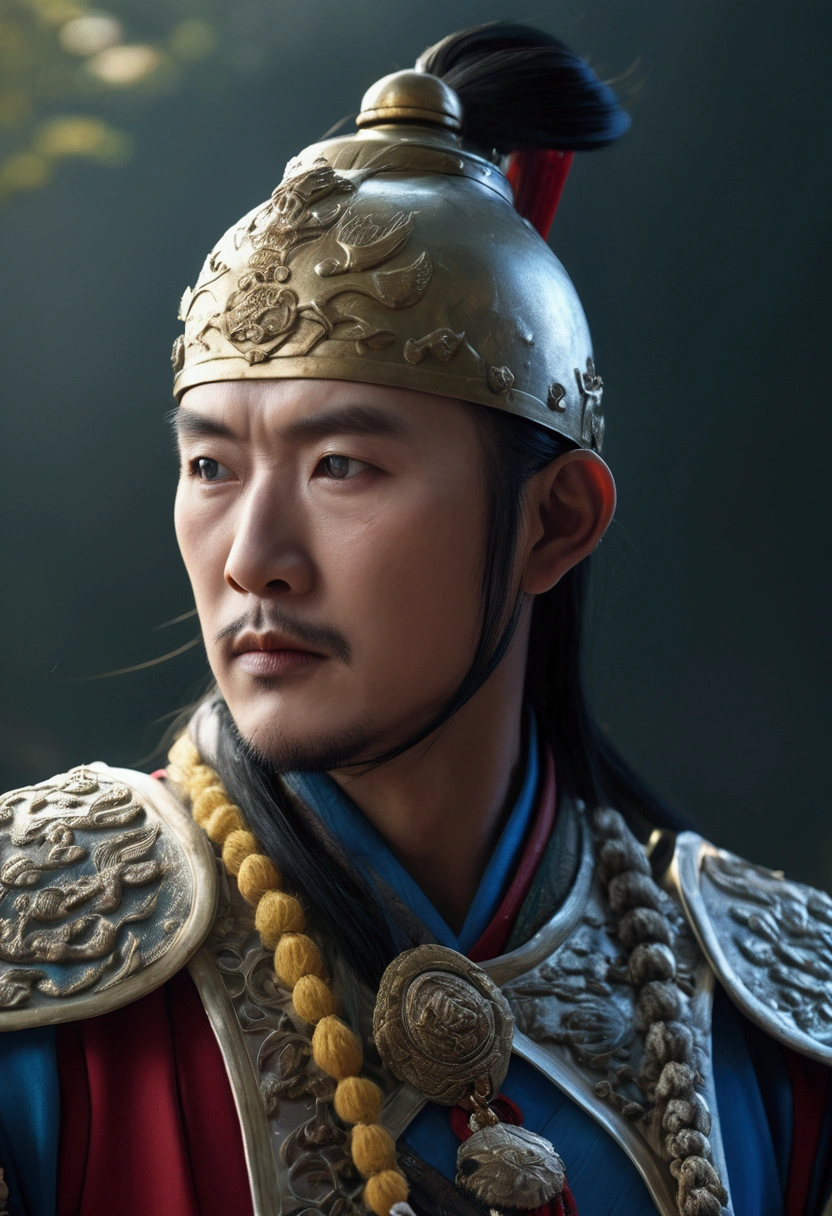 Bust of an ancient Chinese general on the battlefield,The armor is broken, Starry sky and fog cover the landscape.Rich historical background. (Highest quality,4K,8k,High resolution,masterpiece:1.2), Very detailed, (Realistic,Realistic,Photorealistic:1.37), High resolution, Hyper HD, Studio Lighting, Ultra-fine painting, Sharp focus, Physically Based Rendering, Very detailed説明, Professional, Vibrant colors, Bokeh, Sports Late, Ancient War Landscapes, Traditional Chinese Painting Techniques, Atmospheric lighting, Dynamic Pose, Complex combat scenarios, Vivid color contrast, Visually stunning composition, Ethereal atmosphere, heroism. Black and White
