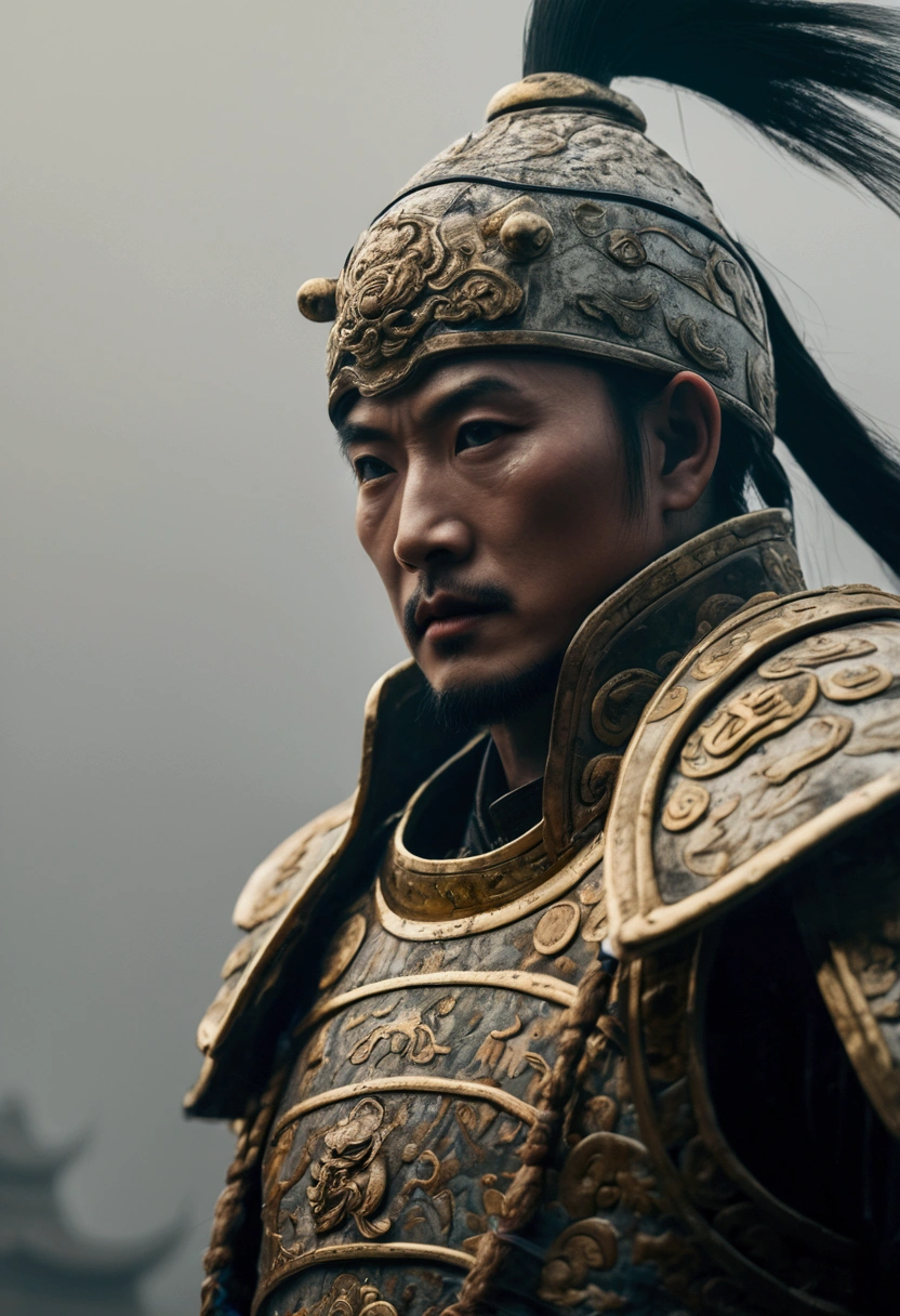 Bust of an ancient Chinese general on the battlefield,The armor is broken, Starry sky and fog cover the landscape.Rich historical background. (Highest quality,4K,8k,High resolution,masterpiece:1.2), Very detailed, (Realistic,Realistic,Photorealistic:1.37), High resolution, Hyper HD, Studio Lighting, Ultra-fine painting, Sharp focus, Physically Based Rendering, Very detailed説明, Professional, Vibrant colors, Bokeh, Sports Late, Ancient War Landscapes, Traditional Chinese Painting Techniques, Atmospheric lighting, Dynamic Pose, Complex combat scenarios, Vivid color contrast, Visually stunning composition, Ethereal atmosphere, heroism. Black and White