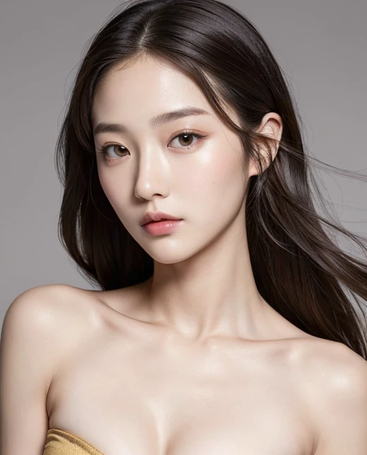 ((best quality)), ((masterpiece:1.3)), (detailed), (Photorealsitic:1.4), (golden ratio face) , (named YUNA_LEE), ((Double Eyelids)), (korean), (Slender girl), 1 girl, korean, kpop, 21 years old, long black straight hair, (symmetrical) (hazel) eyes, pale detailed skin with pores, skinny and athletic boddy, 38B bra size, Slender Abs: 1.2, Narrow waist, Masterpiece, Top Quality, 8k, UHD. (BREAK). Looking at the viewer, close portrait, profesional photo studio gray background, bokeh,