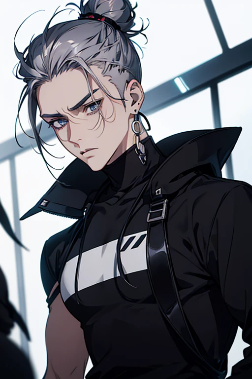 Anime man gradient young white hair low on shaved sides turns hair bun to the left side in the middle serious face with black earrings black sweatshirt Speed jeans futuristic clothes black dark circles under his eyes big black hair big brown hair extremely futuristic clothes futuristic clothes futuristic sweatshirt black skinny jeans male
