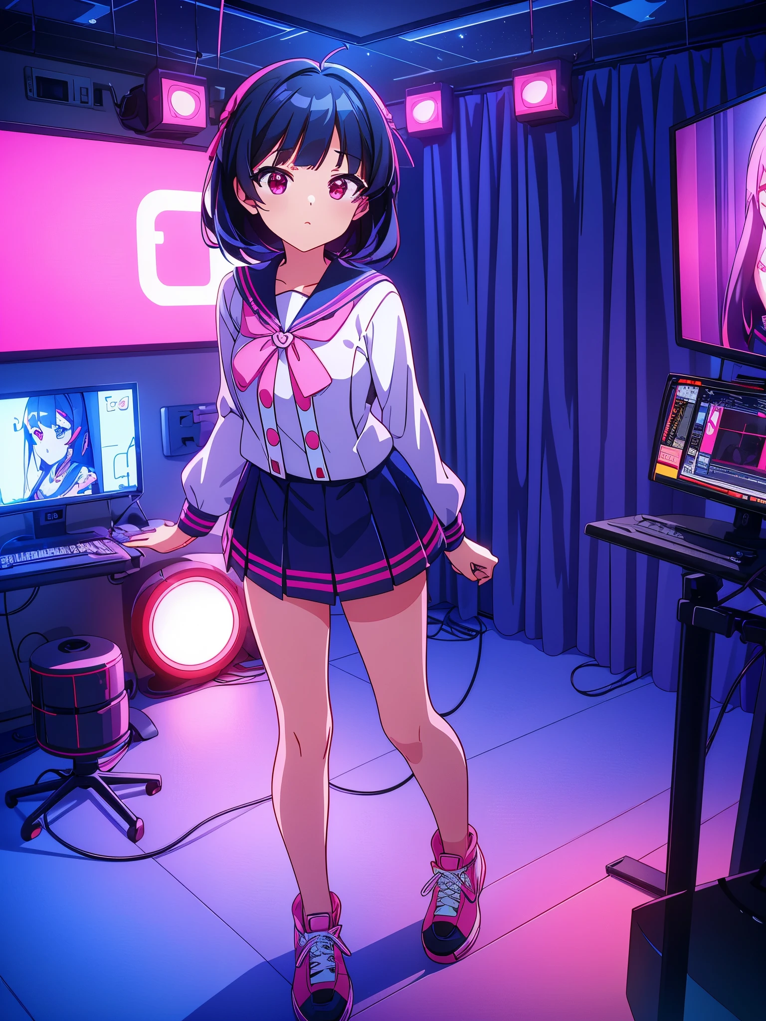 beautiful girl incredible quality perfect anatomy 4k vtuber with red eyes multiple color blue and black hair with pink ribbon Short pleated skirt sailor style blouse long sleeve white long stockings pink tennis shoes with black vtuber youtuber in recording studio room PC gamer in the background and cyberpunk LED lights 