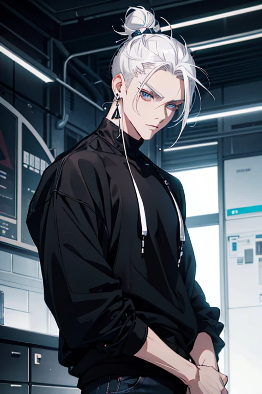 Anime man gradient young white hair low on shaved sides turns hair bun to the left side in the middle serious face with black earrings black sweatshirt Speed jeans futuristic clothes black dark circles under his eyes big black hair big brown hair extremely futuristic clothes futuristic clothes futuristic sweatshirt black skinny jeans male