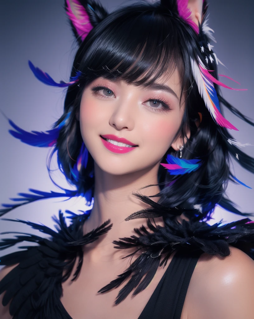 black hair, hair bobbles, wince, longeyelashes, solid circle eyes, fake animal ears, light smile, ear blush, fang, ccurate, Dark Room, Bedroom, smile, ephemeral, Feathered girl, night, Surrealism, drop shadow, anaglyph, stereogram, tachi-e, pov, atmospheric perspective, 8k, super detail, best quality