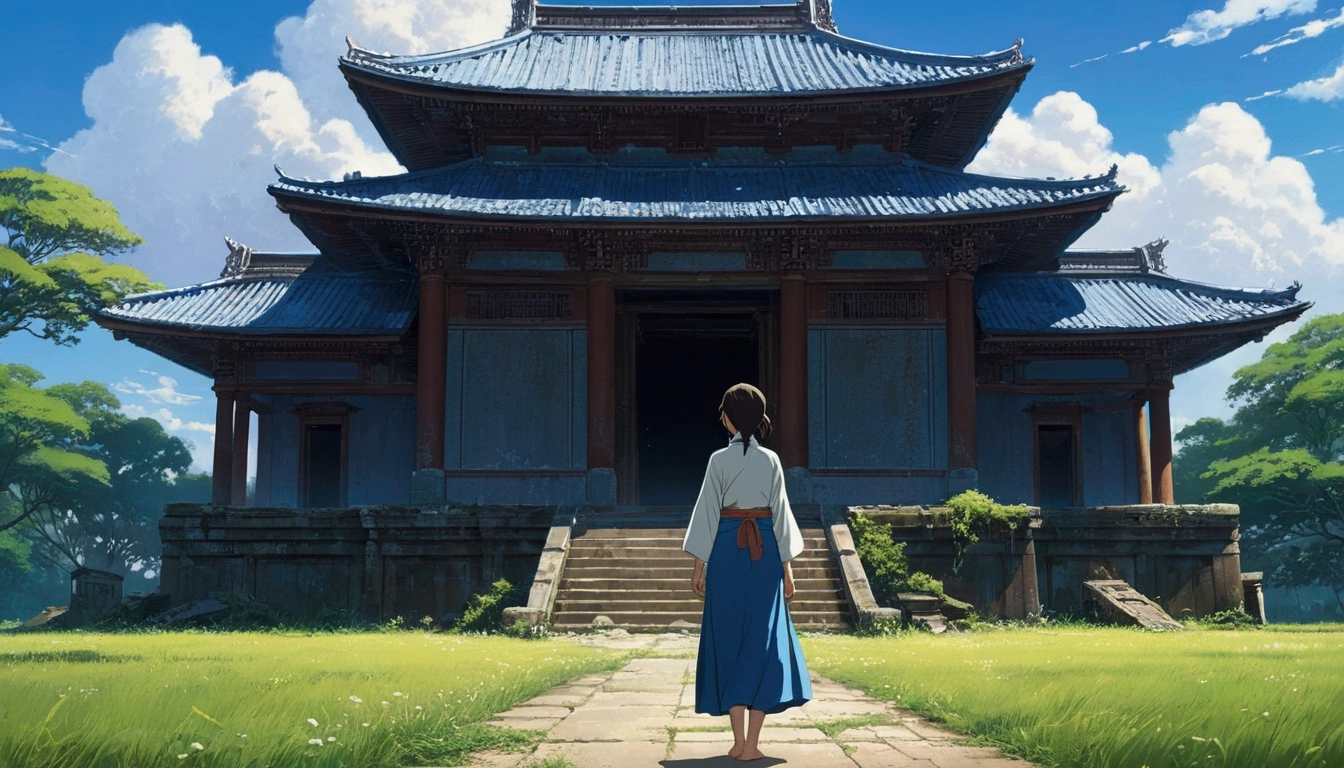 /imagine prompt: A beautiful and determined woman standing in front of an abandoned temple, wearing gorgeous clothes, with a resolute light in her eyes, ,32k, best quality, masterpiece, super detail, high details, by Makoto Shinkai ,in the style of the stars art group xing xing, --niji 5