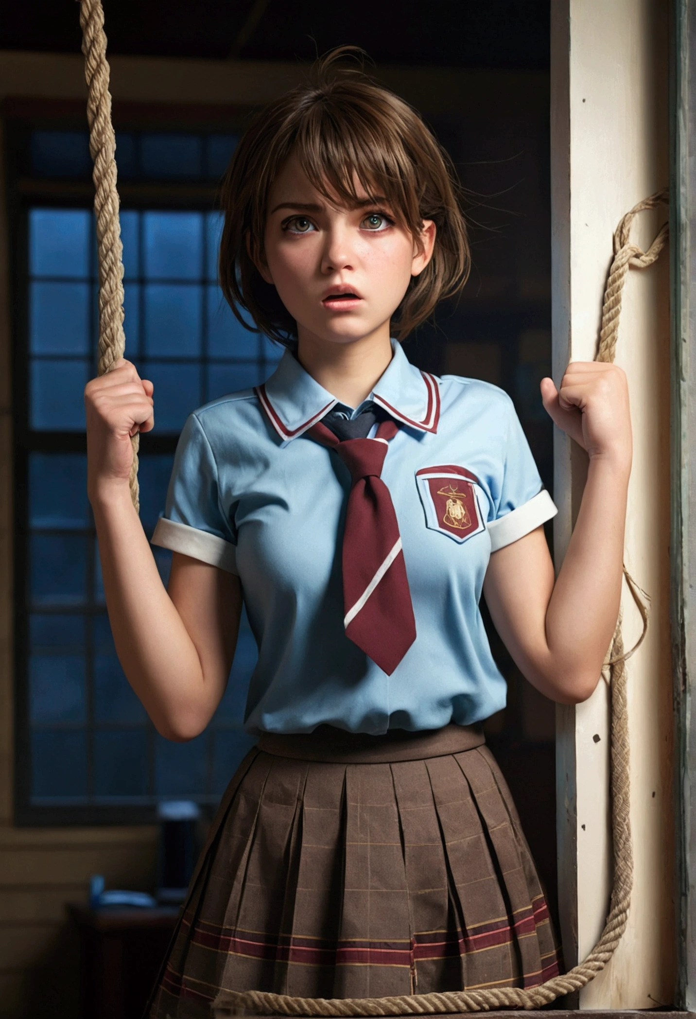bound arms, arms behind back, rope, highres, highest quallity, illustration, ultra detailed, (detailed face), (detailed eyes), soft lighting, best quality, hyper detailed, masterpiece, looking at viewer, angry, open mouth, 1girl, solo, short hair, brown hair, school uniform, skirt, (colorful), upper body, shack, window, night,